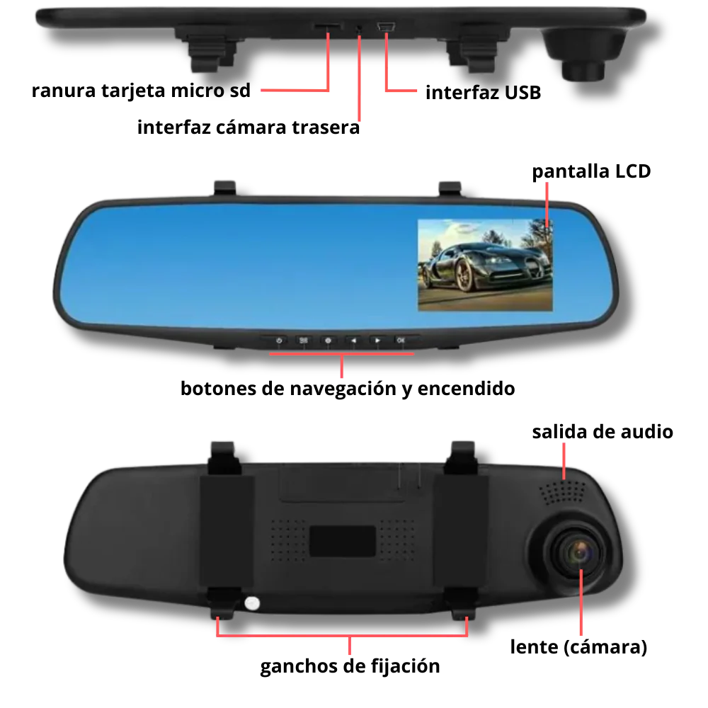 SmartView Pro Espejo Retrovisor Inteligente con Cámara Dual y Pantalla Táctil