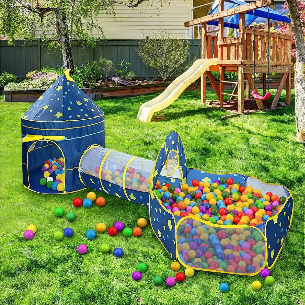SpacePlay™ 3 en 1 Castillo con Túnel y Piscina de Pelotas