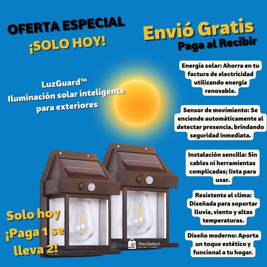 LuzGuard™  Iluminación solar inteligente para exteriores 2x1