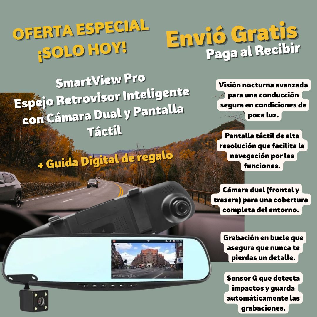 SmartView Pro Espejo Retrovisor Inteligente con Cámara Dual y Pantalla Táctil