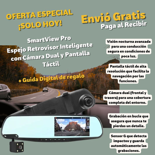SmartView Pro Espejo Retrovisor Inteligente con Cámara Dual y Pantalla Táctil